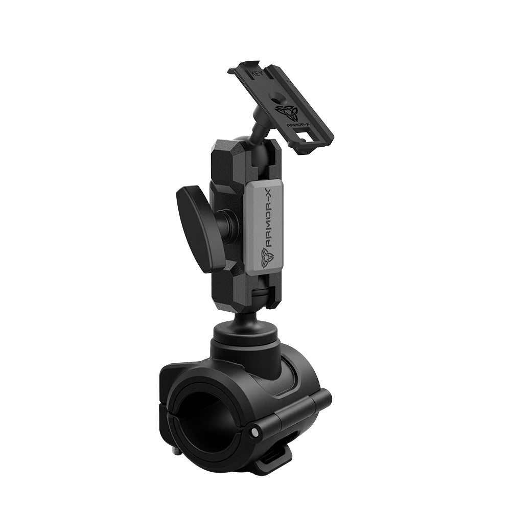 ARMOR-X ONE-LOCK Quick Release Roll Bar Mount for smartphone. Fits 25–32.5mm (0.98–1.28") round bars on motorcycles, ATVs, UTVs, forklifts, and more.