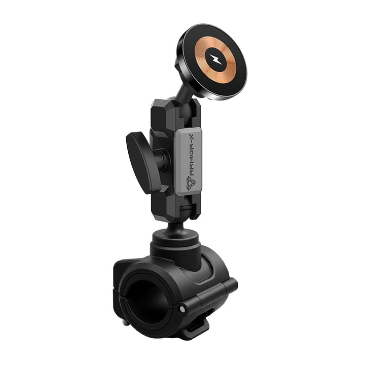ARMOR-X Quick Release Roll Bar Mount with 25–32.5mm (0.98–1.28") clamp and 15W MagSafe and Pixelsnap-compatible wireless charger for iPhone and wireless charging smartphones.