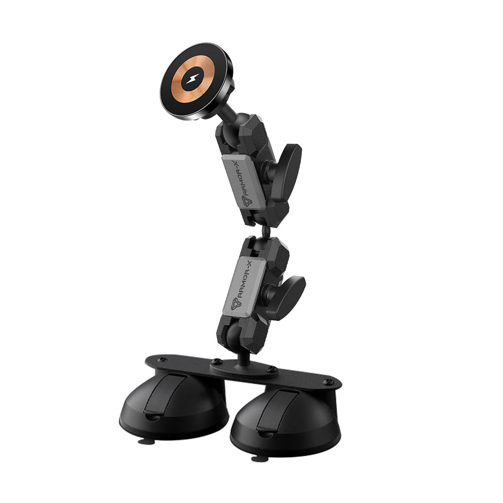 P52MS03 | Glass Double Suction Cup Mount | MagSafe / Pixelsnap 15W Fast Charger | ONE-LOCK for iPhone & Smartphone