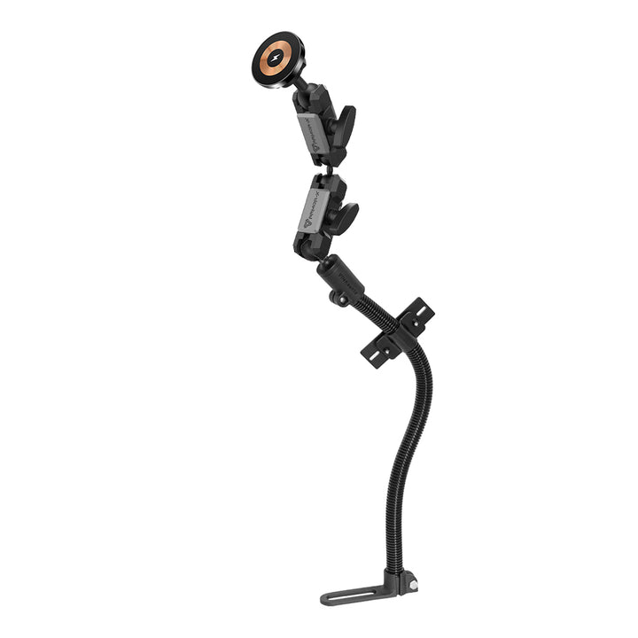 ARMOR-X mount base bolted to truck seat rail (no drilling), flexible arm holding iphone with wireless charging