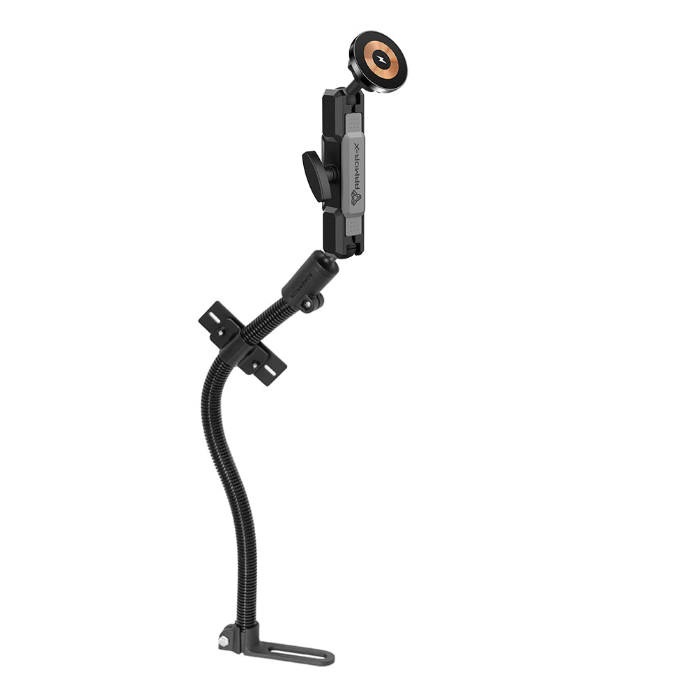 ARMOR-X mount base bolted to truck seat rail (no drilling), flexible arm holding iphone with wireless charging