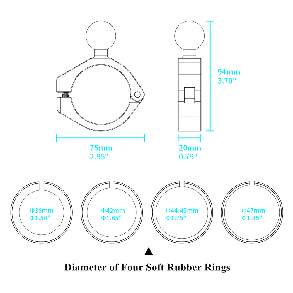 ARMOR-X Bar Clamp Mount Base. Comes with 4 soft rubber ring inserts: 38mm ( 1.50" ), 42mm ( 1.65" ), 44.45mm ( 1.75" ), 47mm ( 1.85" ).