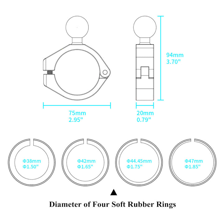 ARMOR-X Bar Clamp Mount Base. Comes with 4 soft rubber ring inserts: 38mm ( 1.50" ), 42mm ( 1.65" ), 44.45mm ( 1.75" ), 47mm ( 1.85" ).