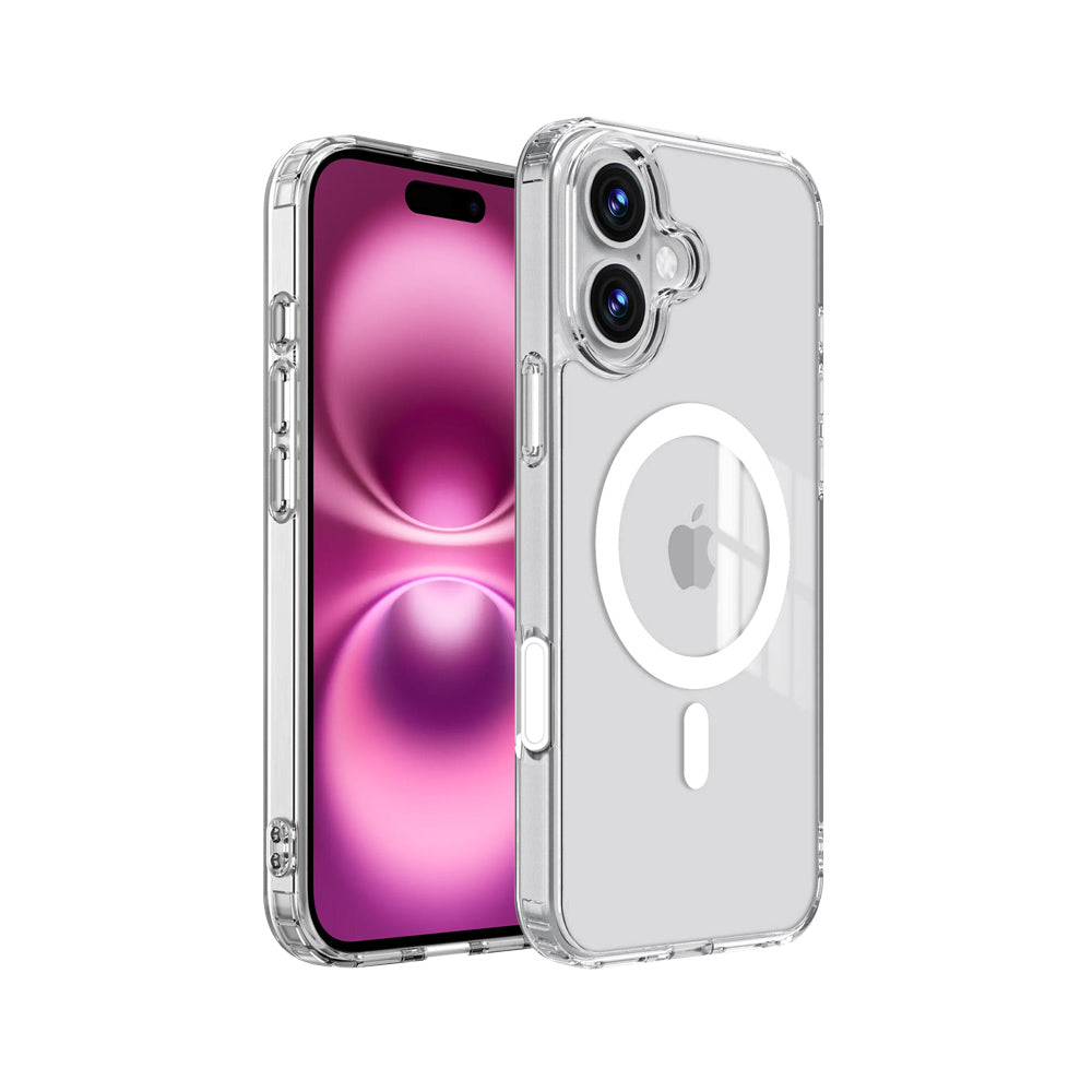 ARMOR-X APPLE iPhone 16 clear protective case with MagSafe & camera control button, supports wireless charging.