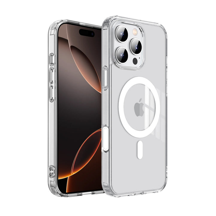 ARMOR-X APPLE iPhone 16 Pro Max clear protective case with MagSafe & camera control button, supports wireless charging.