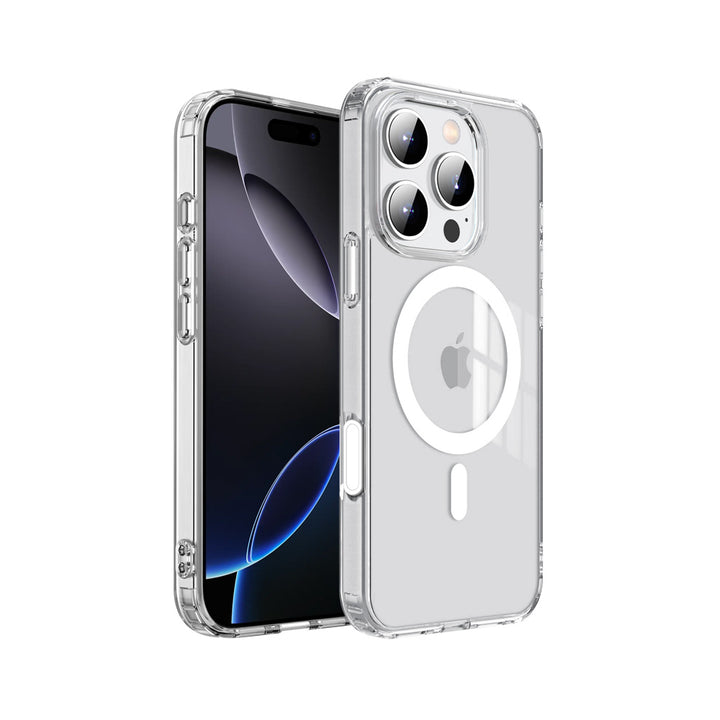 ARMOR-X APPLE iPhone 16 Pro clear protective case with MagSafe & camera control button, supports wireless charging.