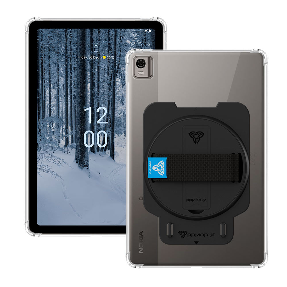 ARMOR-X Nokia T21 shockproof case, impact protection cover with hand strap and kick stand. One-handed design for your workplace.