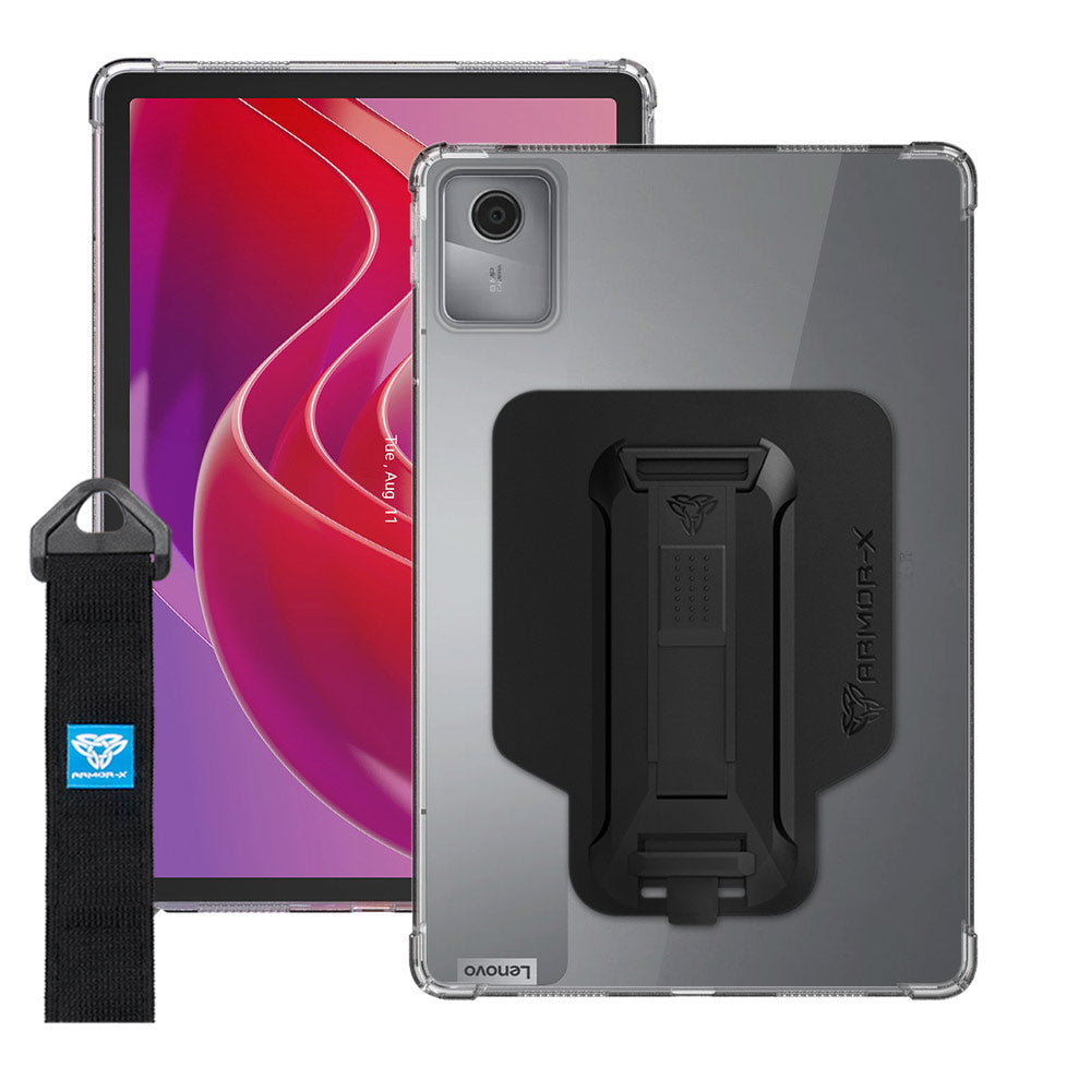 ARMOR-X Lenovo Tab M11 TB330 shockproof case, impact protection cover with hand strap and kick stand. One-handed design for your workplace.