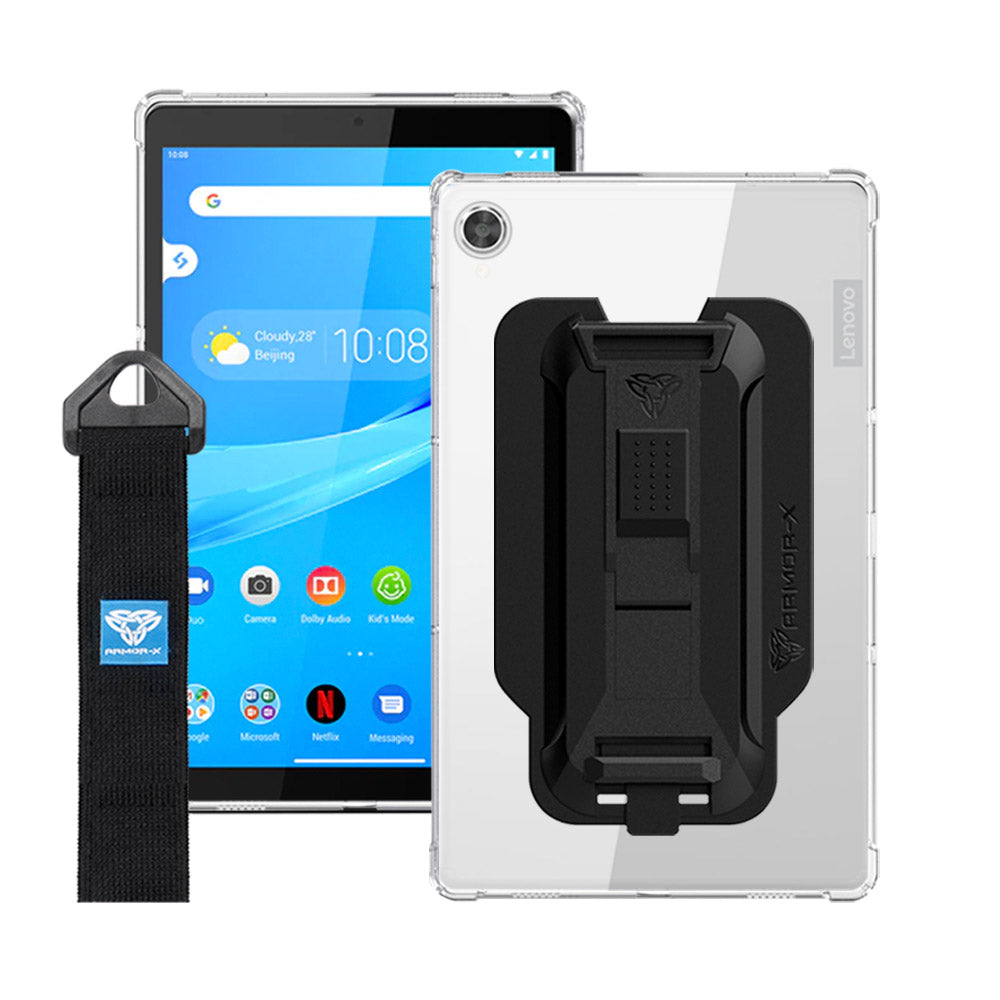 ARMOR-X Lenovo Tab M8 (FHD) TB-8705 shockproof case, impact protection cover with hand strap and kick stand. One-handed design for your workplace.