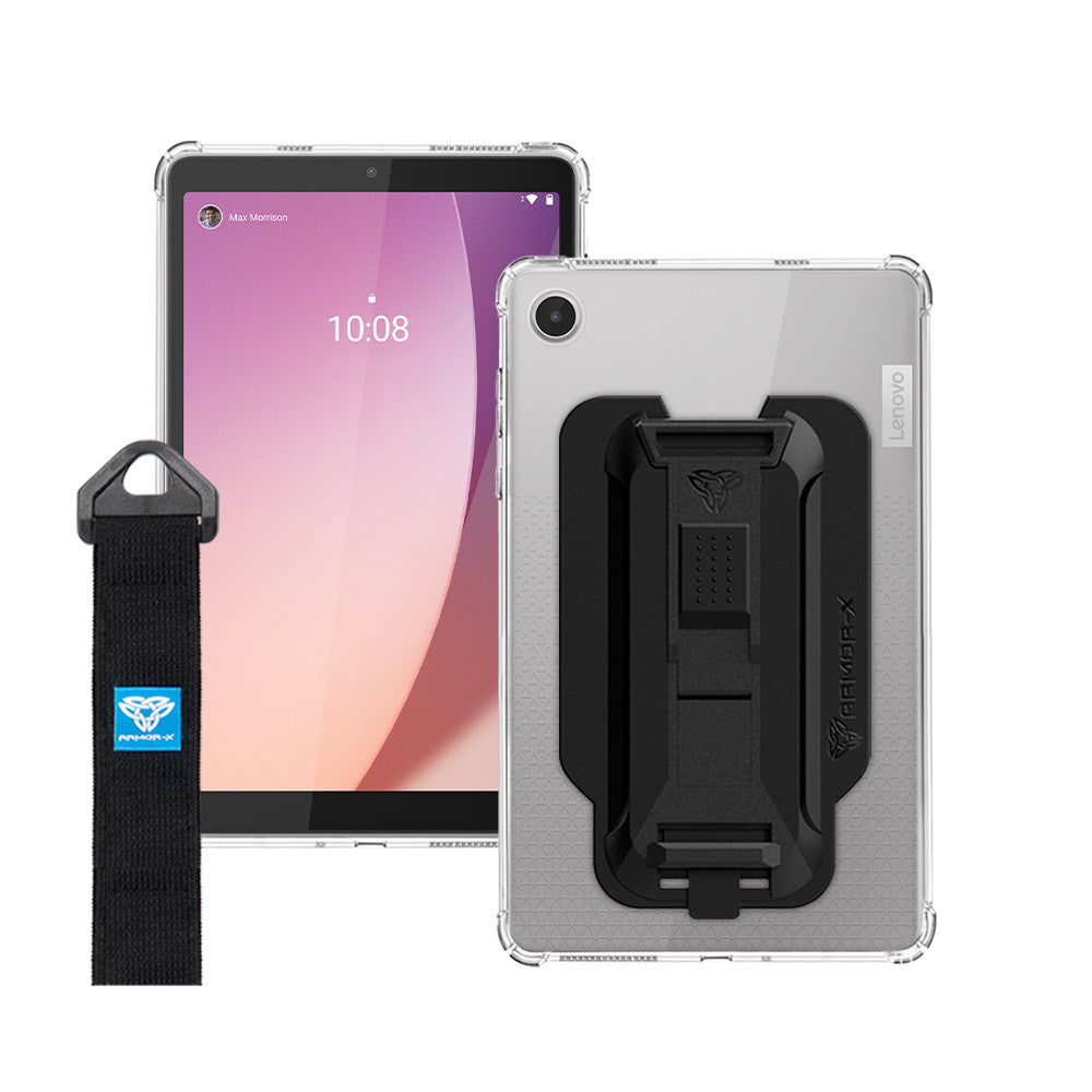 ARMOR-X Lenovo Tab M8 (4th Gen) TB300 shockproof case, impact protection cover with hand strap and kick stand. One-handed design for your workplace.