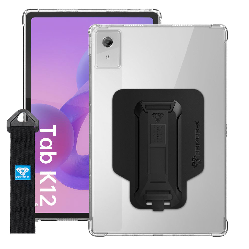 ARMOR-X Lenovo Tab K12 TB361 / Lenovo Idea Tab Plus ( 12.1" TB361 ) shockproof case, impact protection cover with hand strap and kick stand. One-handed design for your workplace.