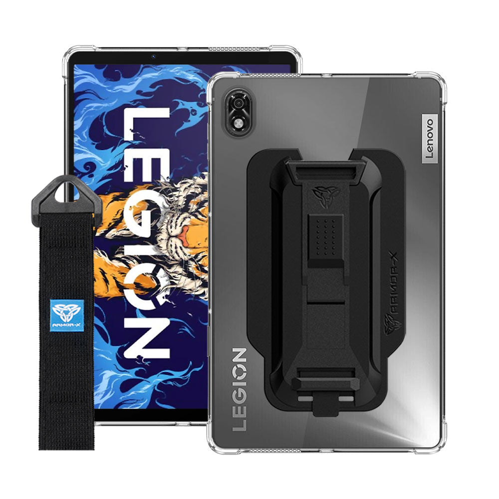 ARMOR-X Lenovo Legion Y700 TB-9707F shockproof case, impact protection cover with hand strap and kick stand. One-handed design for your workplace.