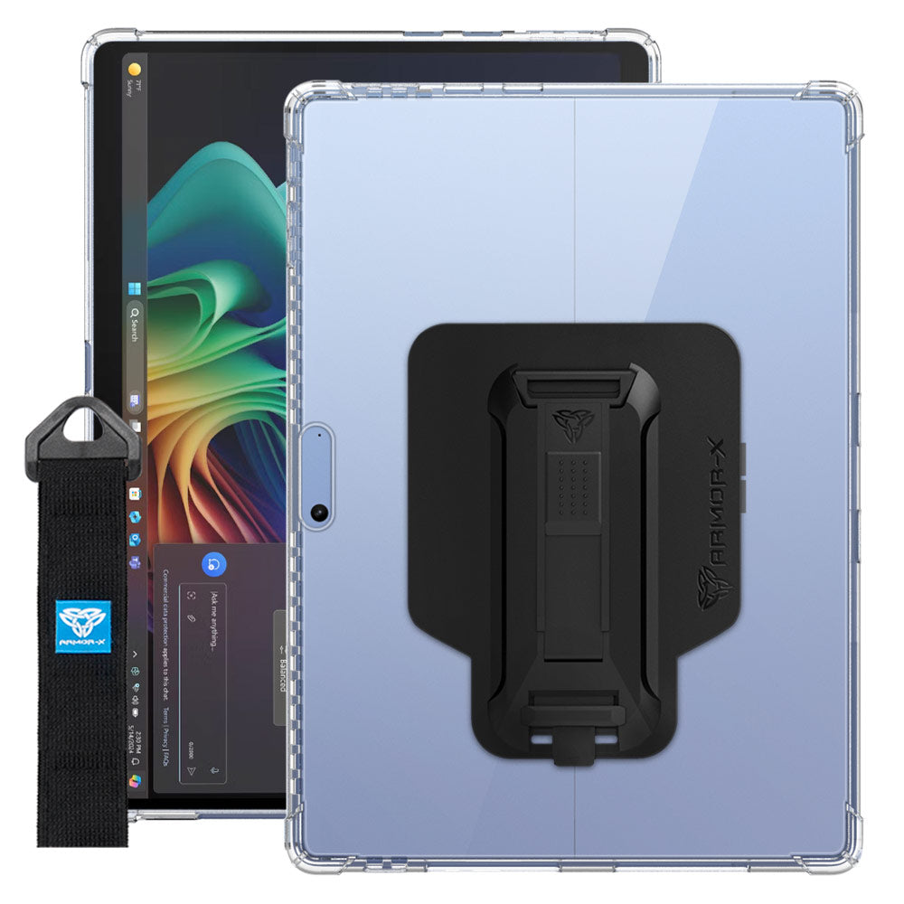 ARMOR-X Microsoft Surface Pro 13-inch Copilot+ PC shockproof case, impact protection cover with hand strap and kick stand. One-handed design for your workplace.
