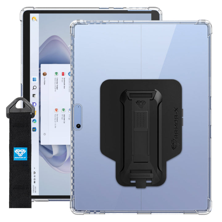 ARMOR-X Microsoft Surface Pro 11 / 10 / 9 / 8 shockproof case, impact protection cover with hand strap and kick stand. One-handed design for your workplace.