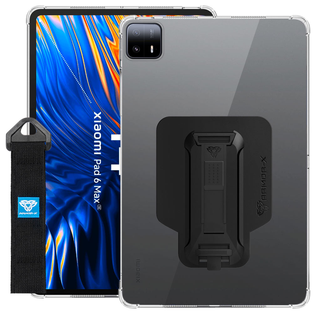 ARMOR-X Xiaomi Pad 6 Max 14 shockproof case, impact protection cover with hand strap and kick stand. One-handed design for your workplace.