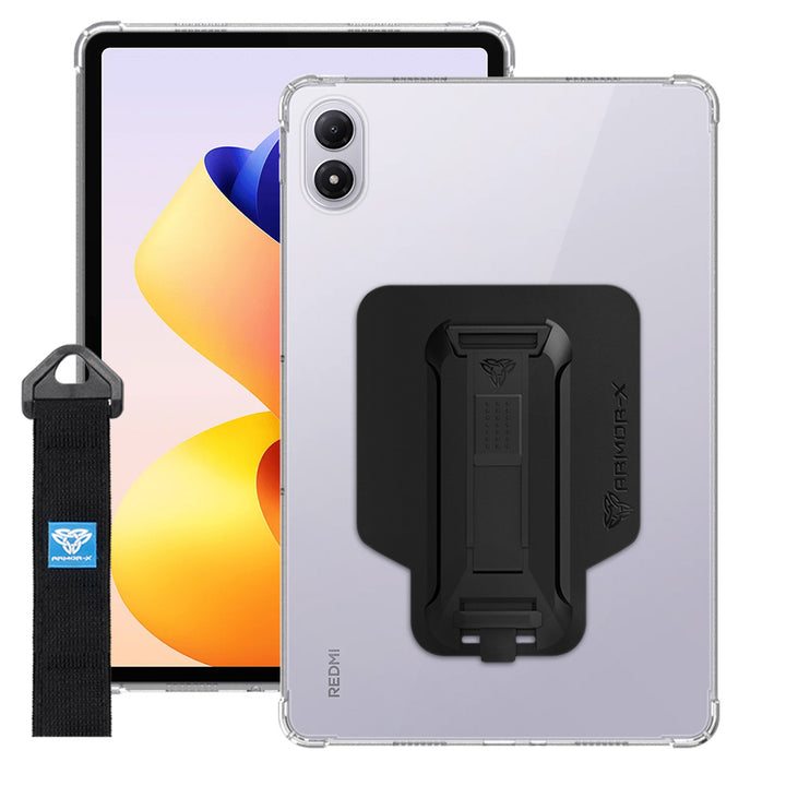 ARMOR-X Xiaomi Redmi Pad 2 Pro shockproof case, impact protection cover with hand strap and kick stand. One-handed design for your workplace.
