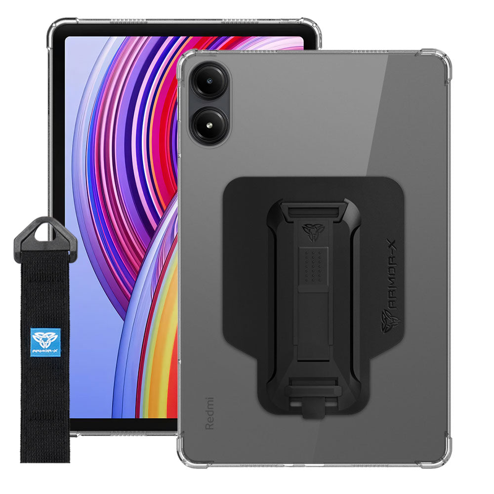 ARMOR-X Xiaomi Redmi Pad Pro shockproof case, impact protection cover with hand strap and kick stand. One-handed design for your workplace.