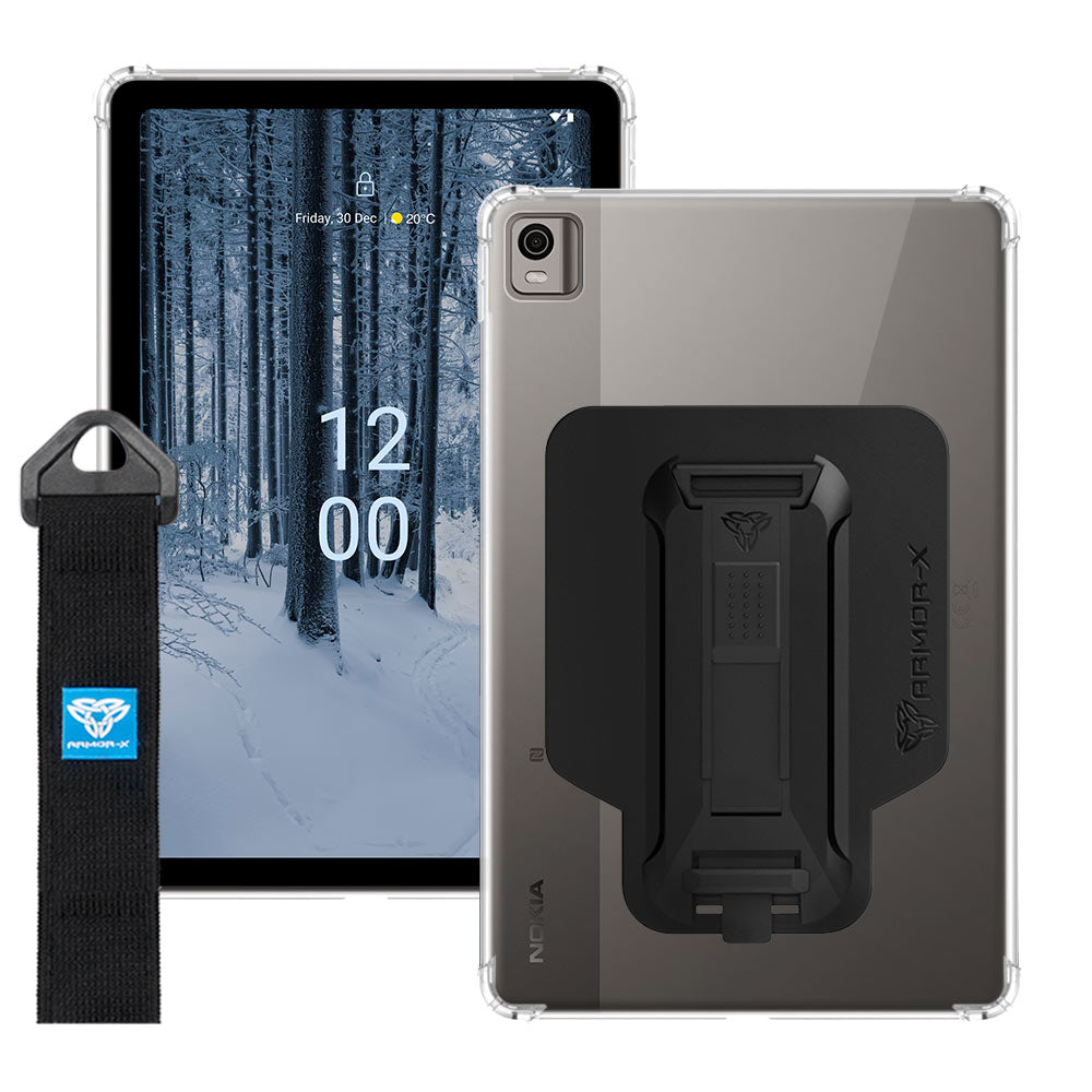 ARMOR-X Nokia T21 shockproof case, impact protection cover with hand strap and kick stand. One-handed design for your workplace.
