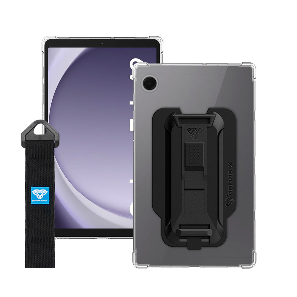 ARMOR-X Samsung Galaxy Tab A9 SM-X110 / SM-X115 shockproof case, impact protection cover with hand strap and kick stand. One-handed design for your workplace.