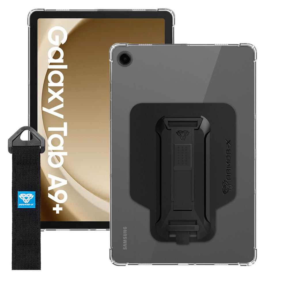 ARMOR-X Samsung Galaxy Tab A9+ A9 Plus SM-X210 / SM-X215 / SM-X216 shockproof case, impact protection cover with hand strap and kick stand. One-handed design for your workplace.