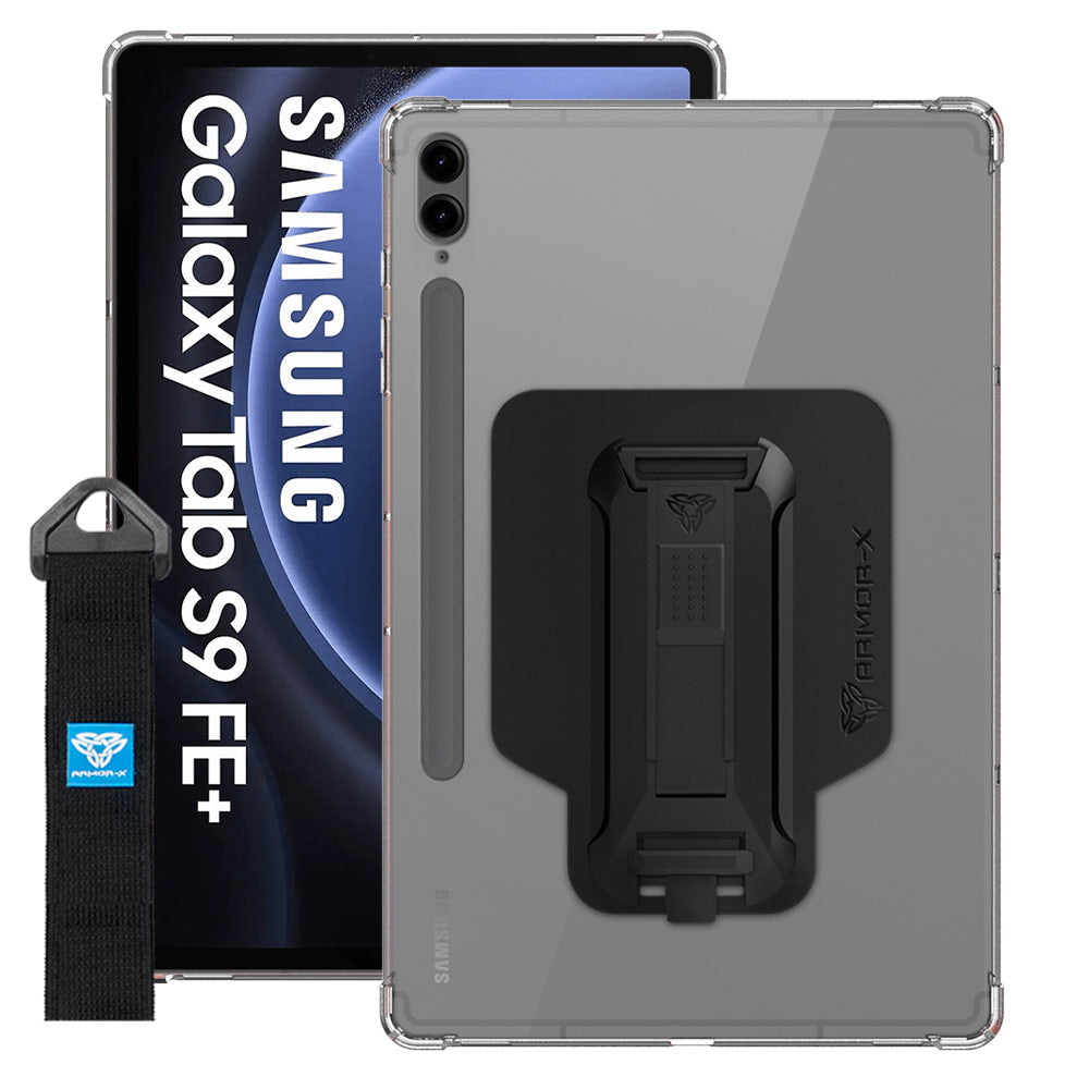 ARMOR-X Samsung Galaxy Tab S9 FE+ S9 FE Plus SM-X610 / X616B shockproof case, impact protection cover with hand strap and kick stand. One-handed design for your workplace.