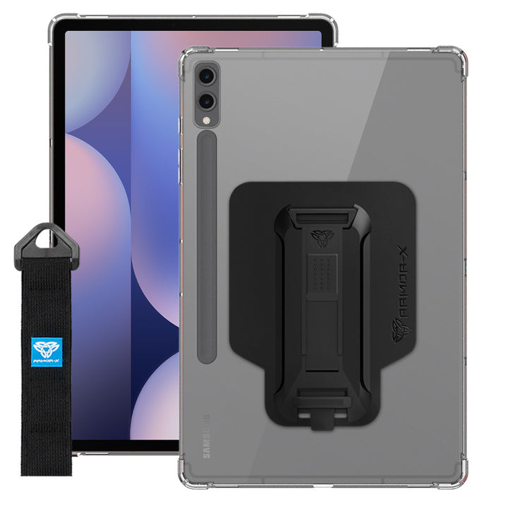 ARMOR-X Samsung Galaxy Tab S9+ S9 Plus SM-X810 / X816 / X818 shockproof case, impact protection cover with hand strap and kick stand. One-handed design for your workplace.