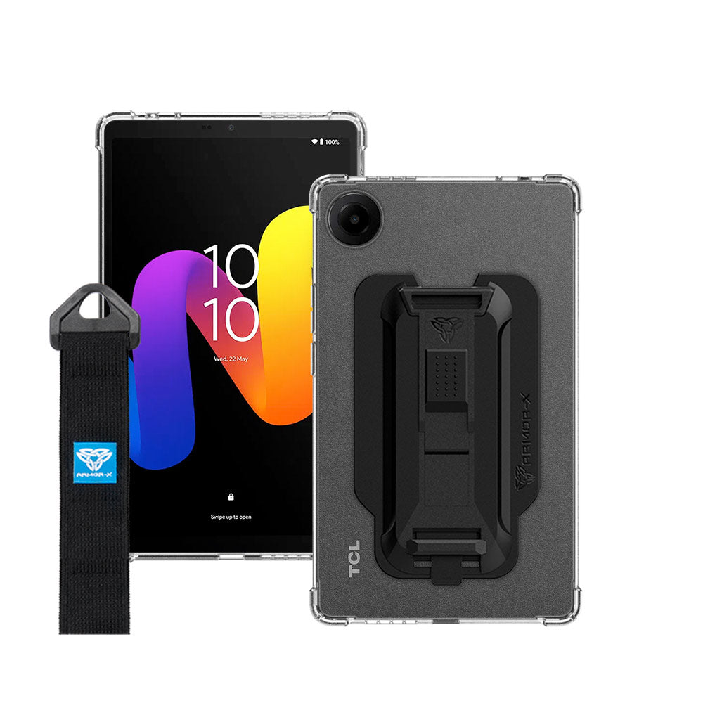 ARMOR-X TCL Tab 8 Gen 2 shockproof case, impact protection cover with hand strap and kick stand. One-handed design for your workplace.