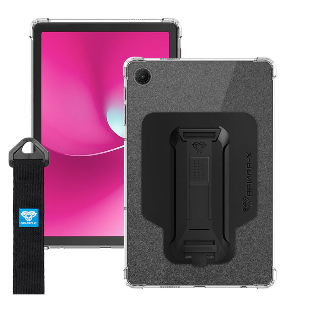 ARMOR-X T-Mobile REVVL Tab 2 shockproof case, impact protection cover with hand strap and kick stand. One-handed design for your workplace.