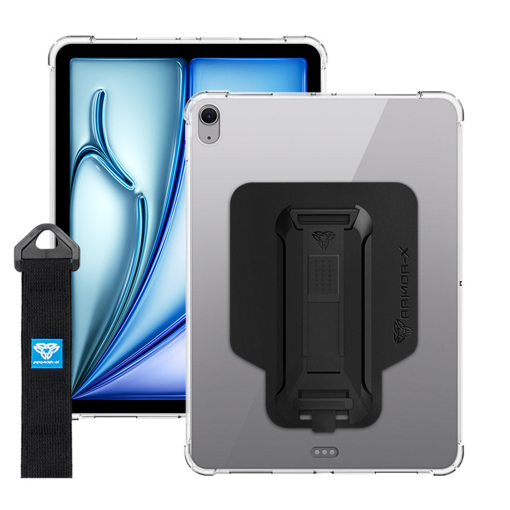 ARMOR-X Apple iPad Air 11 ( M2 ) shockproof case, impact protection cover with hand strap and kick stand. One-handed design for your workplace.