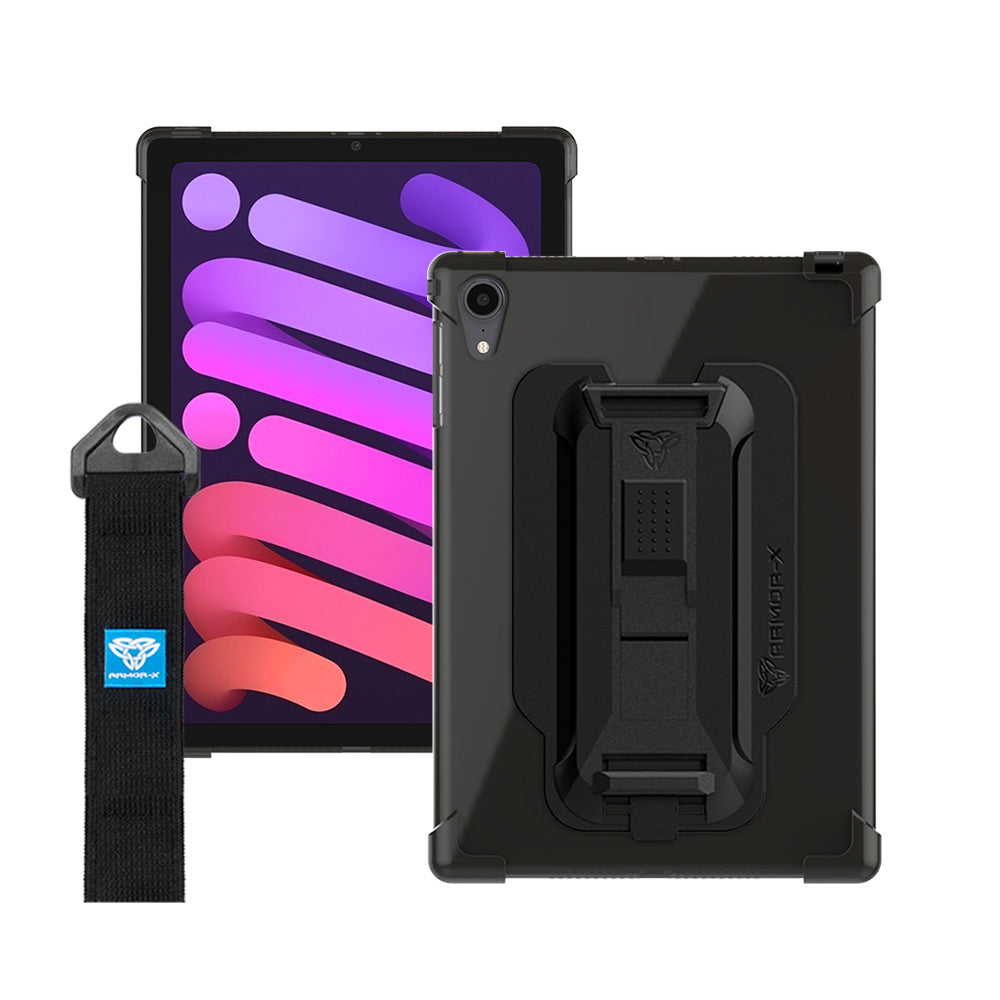 ARMOR-X iPad mini 6 shockproof case, impact protection cover with hand strap and kick stand. One-handed design for your workplace.