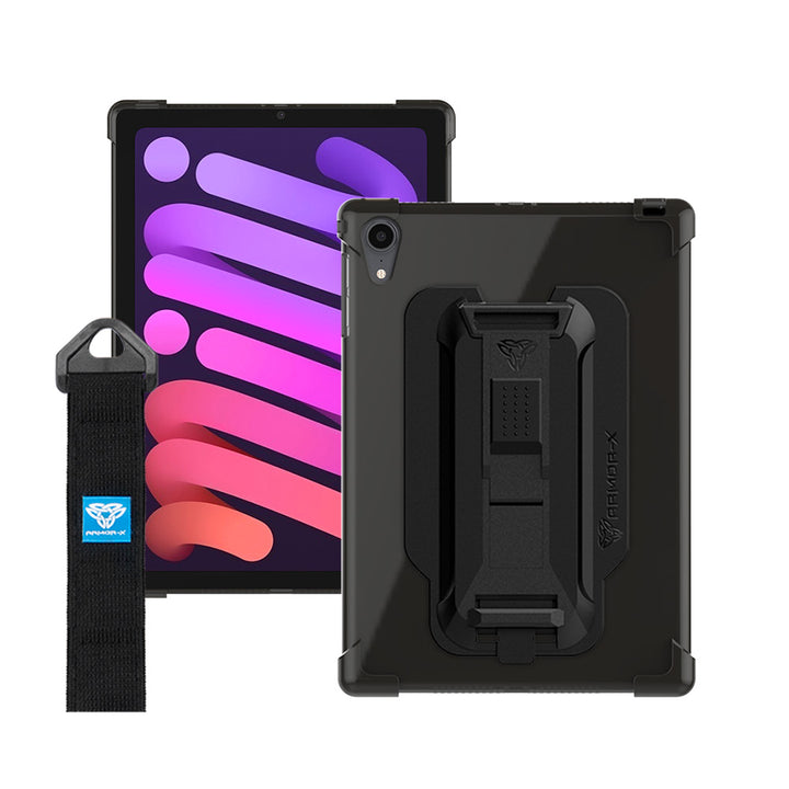 ARMOR-X iPad mini 6 shockproof case, impact protection cover with hand strap and kick stand. One-handed design for your workplace.