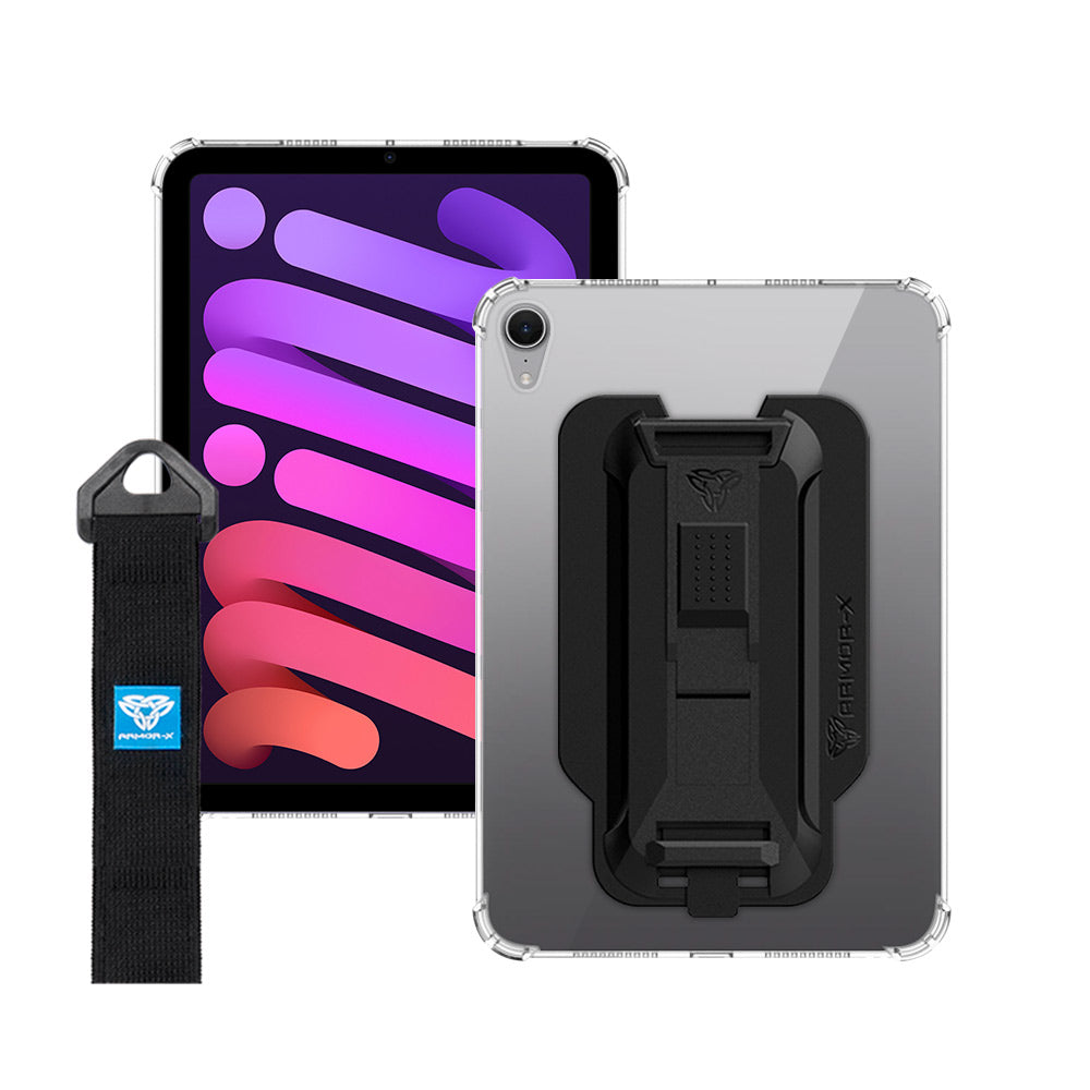 ARMOR-X iPad mini 6 shockproof case, impact protection cover with hand strap and kick stand. One-handed design for your workplace.