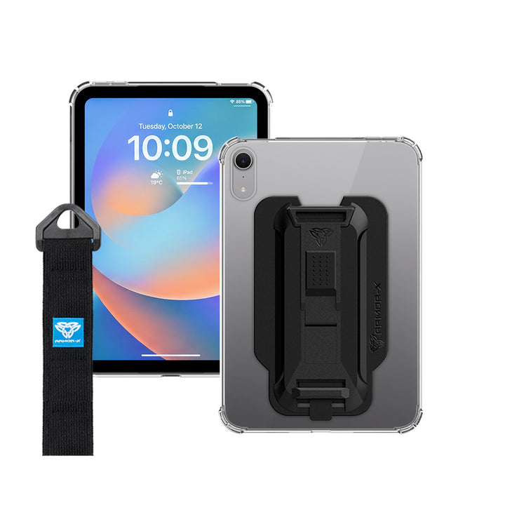 ARMOR-X iPad mini 8 shockproof case, impact protection cover with hand strap and kick stand. One-handed design for your workplace.
