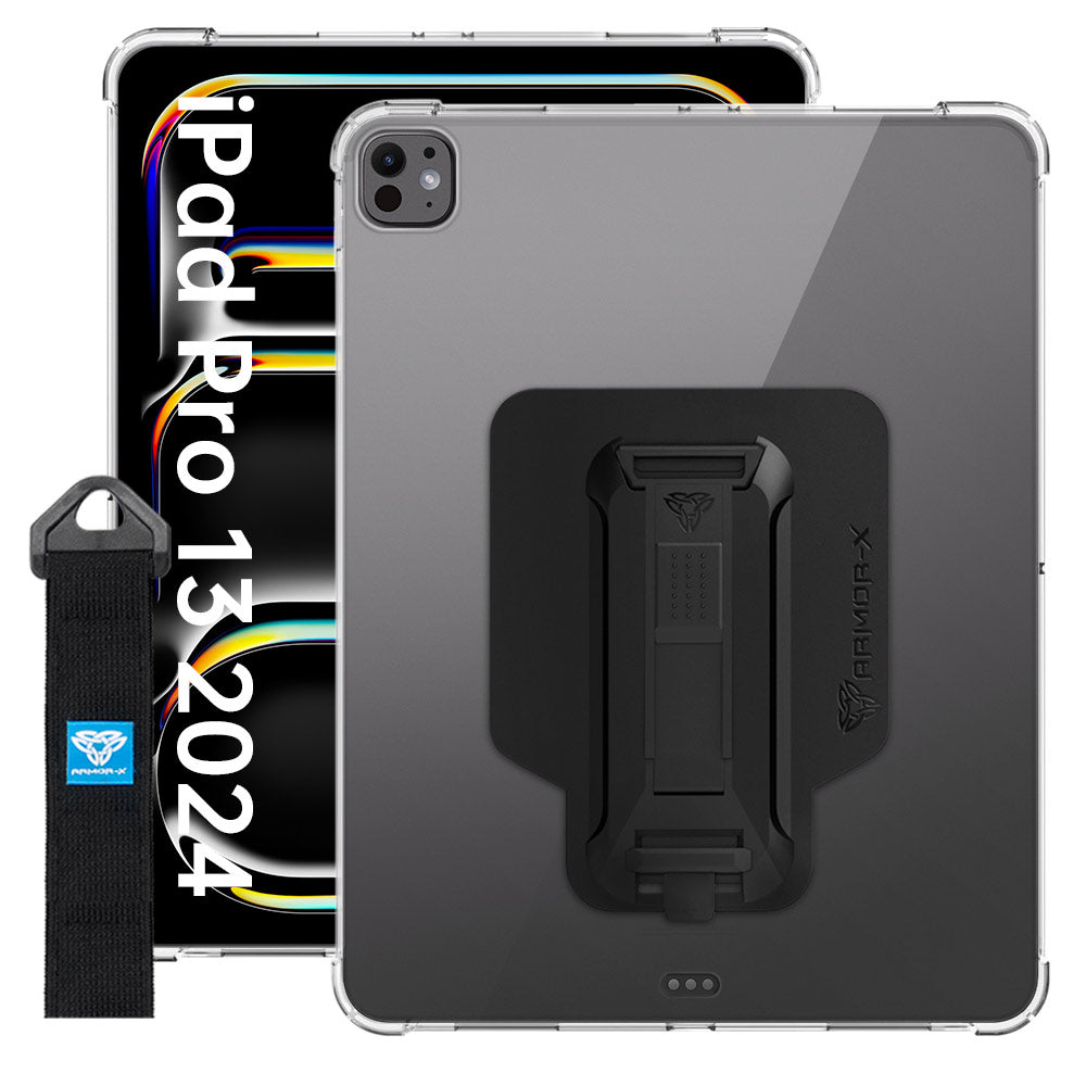 ARMOR-X Apple iPad Pro 13 2024 shockproof case, impact protection cover with hand strap and kick stand. One-handed design for your workplace.
