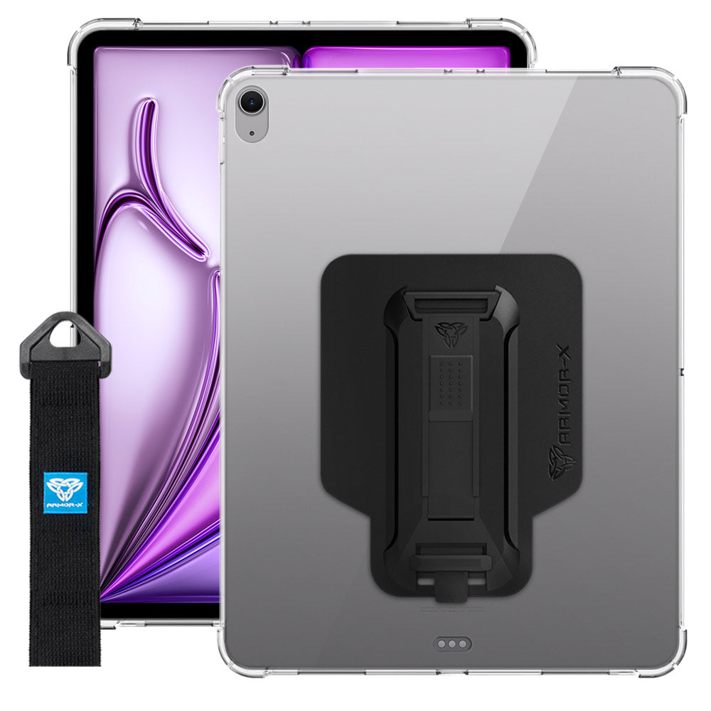 ARMOR-X Apple iPad Air 13 ( M2 ) shockproof case, impact protection cover with hand strap and kick stand. One-handed design for your workplace.