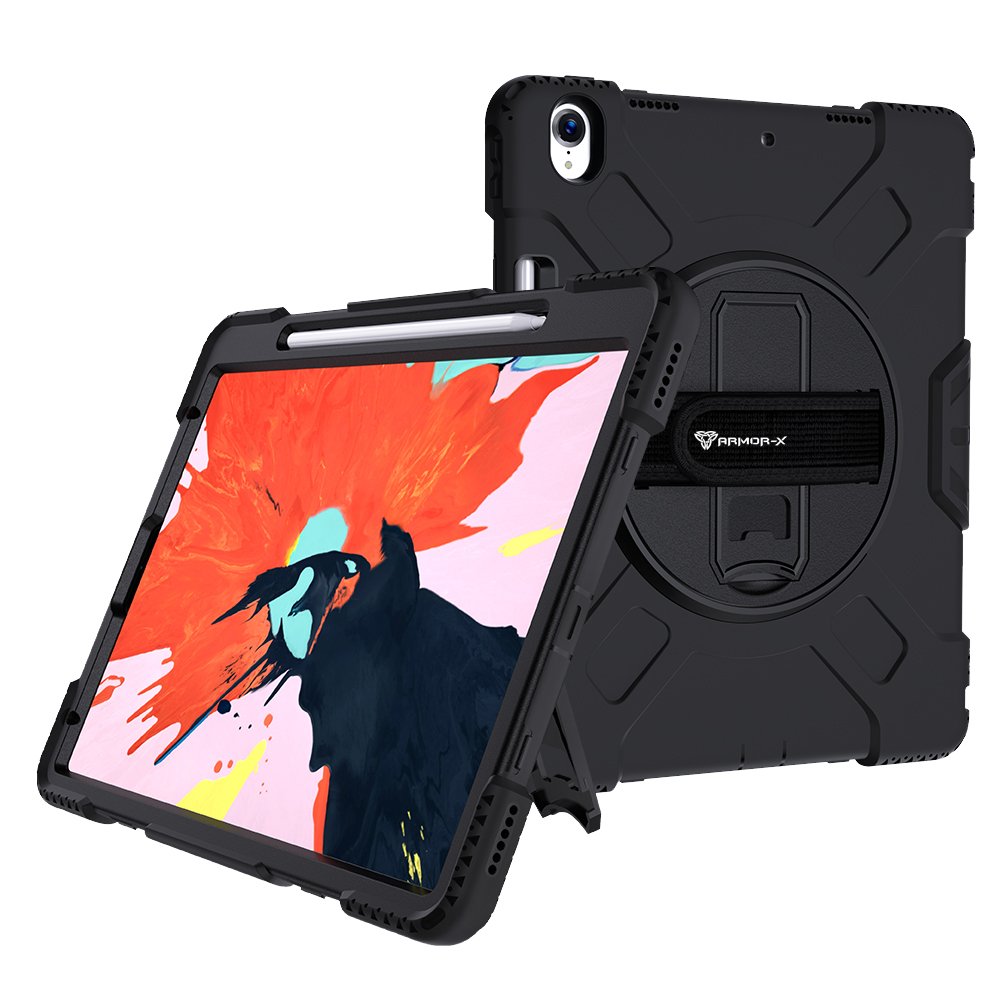 KKN-iPad-PR5 | iPad Air 12.9 2024 | Ultra 3 layers shockproof rugged case With Hand Strap, Kick-stand & Wireless Charging Pen Holder