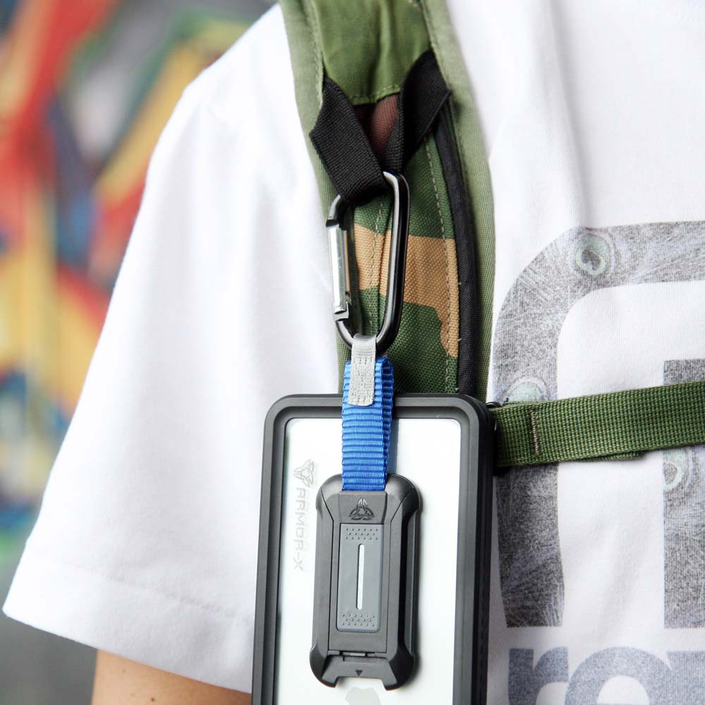ARMOR-X iPhone 15 Plus Smartphone holder carabiner design for outdoors rugged case clip protection secure phone cases no worry dropping phones.