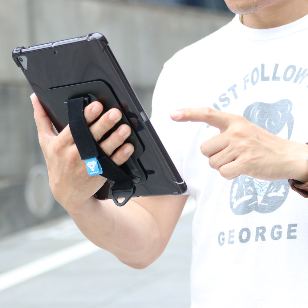ARMOR-X Apple iPad Air 11 ( M2 ) rugged case with hand strap. Perfect for public transit, IT project, education, VR, AR, workstation.