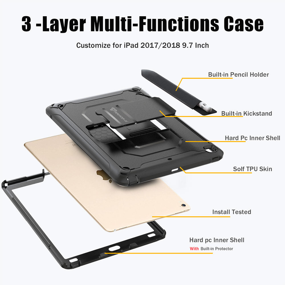 CLN-iPad-N2 | iPad 9.7 ( 5th / 6th Gen.) 2017 / 2018 | Dual layers shockproof rugged case with kick-stand & Pen Holder
