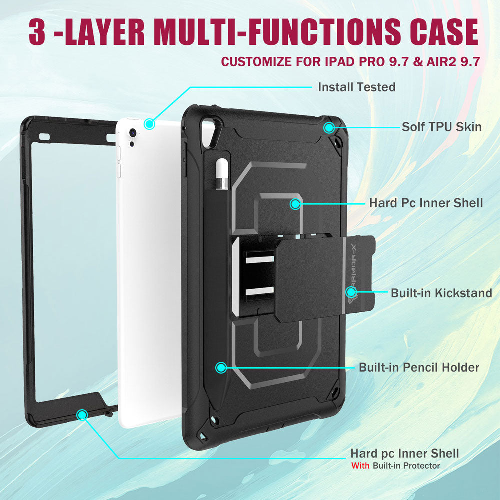 CLN-iPad-PR1 | iPad Pro 9.7 / air 2 | Dual layers shockproof rugged case with kick-stand & Pen Holder