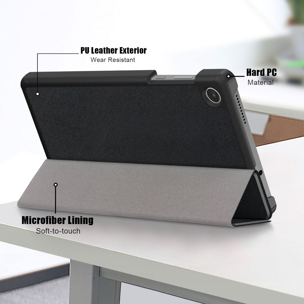 ARMOR-X Lenovo Tab M8 (4th Gen) TB300 Smart Tri-Fold Stand Magnetic PU Cover. Made of durable PU leather exterior, soft microfiber lining and coverage with PC back shell.