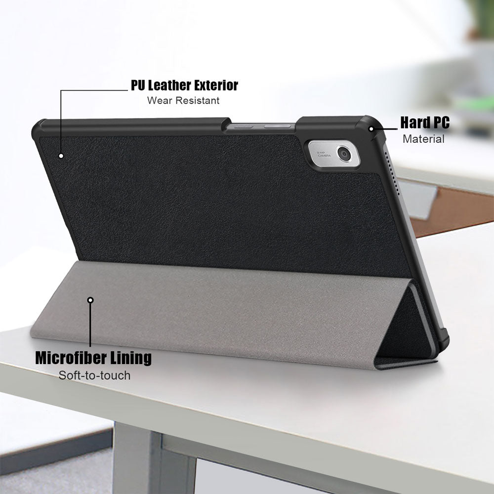 ARMOR-X Lenovo Tab M9 TB310 Smart Tri-Fold Stand Magnetic PU Cover. Made of durable PU leather exterior, soft microfiber lining and coverage with PC back shell.