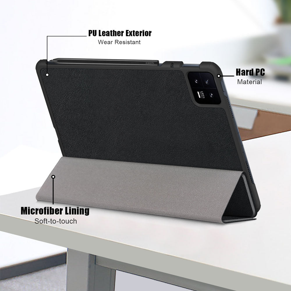 ARMOR-X Xiaomi Pad 6 / 6 Pro Smart Tri-Fold Stand Magnetic PU Cover. Made of durable PU leather exterior, soft microfiber lining and coverage with PC back shell.