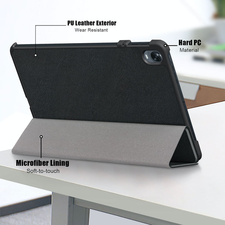 ARMOR-X OPPO Pad Smart Tri-Fold Stand Magnetic PU Cover. Made of durable PU leather exterior, soft microfiber lining and coverage with PC back shell.
