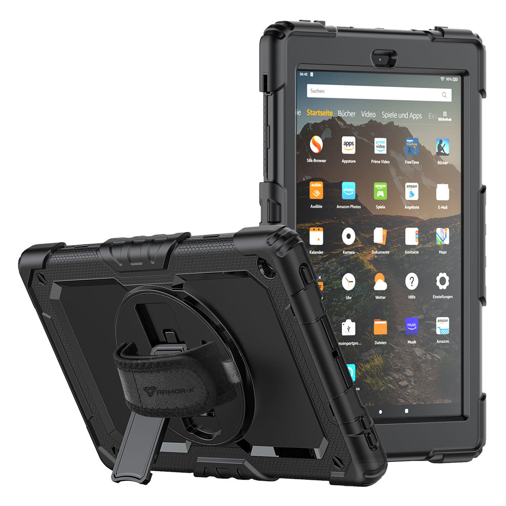 ARMOR-X Amazon Fire HD 10 2017 / 2019 shockproof case, impact protection cover with hand strap and kick stand. One-handed design for your workplace.