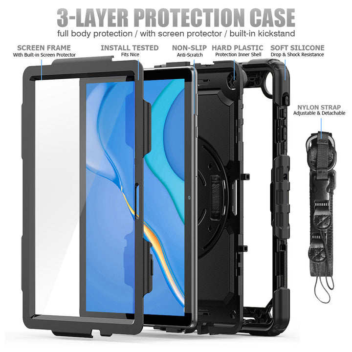 ARMOR-X  Huawei MatePad T10 9.7 / T10S 10.1 2020 shockproof case, impact protection cover with hand strap and kick stand. Ultra 3 layers impact resistant design.