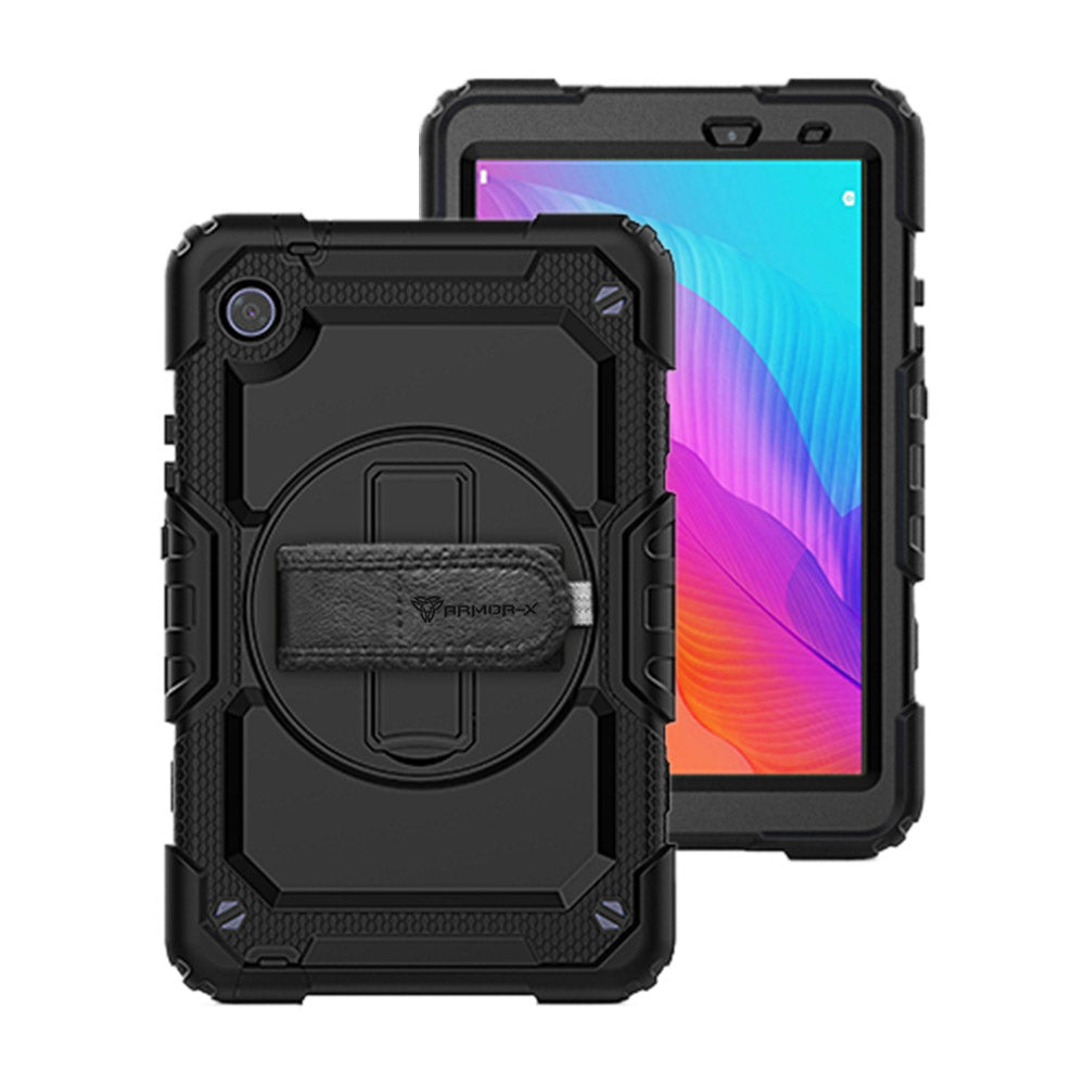 ARMOR-X Huawei MatePad T8 8.0 shockproof case, impact protection cover with hand strap and kick stand. One-handed design for your workplace.