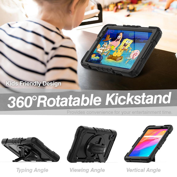 ARMOR-X Huawei MatePad T8 8.0 shockproof case, impact protection cover with hand strap and 360 degree rotatable kickstand.