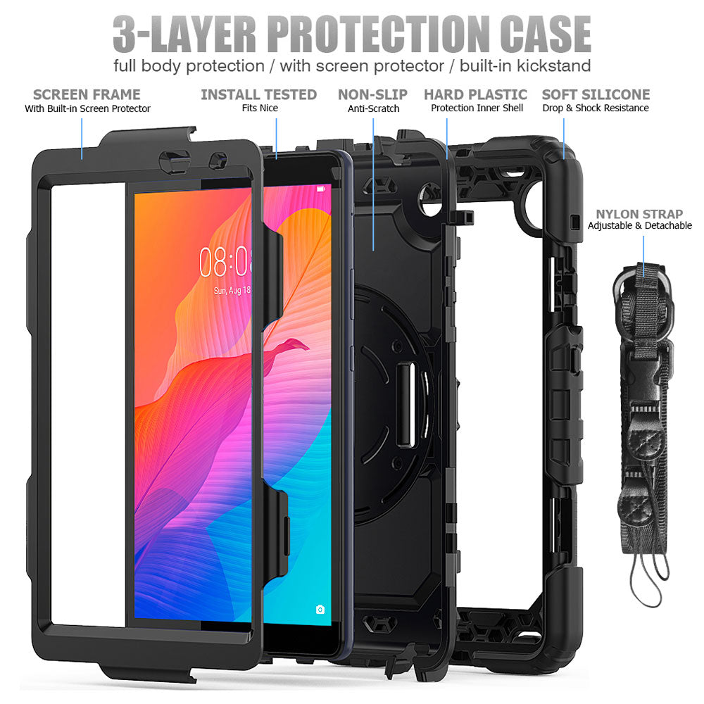ARMOR-X Huawei MatePad T8 8.0 shockproof case, impact protection cover with hand strap and kick stand. Ultra 3 layers impact resistant design.