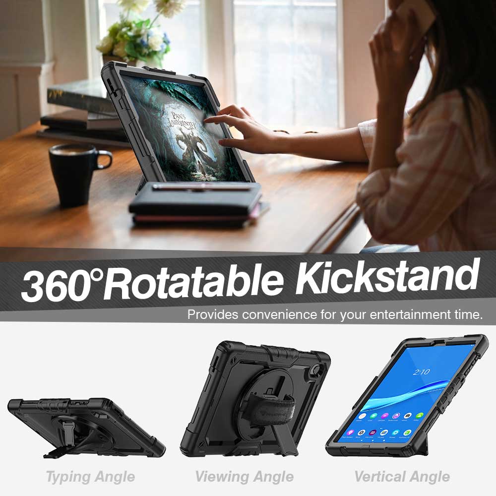 ARMOR-X Lenovo Tab M10 Plus TB-X606 case with kick stand. Hand free typing, drawing, video watching.